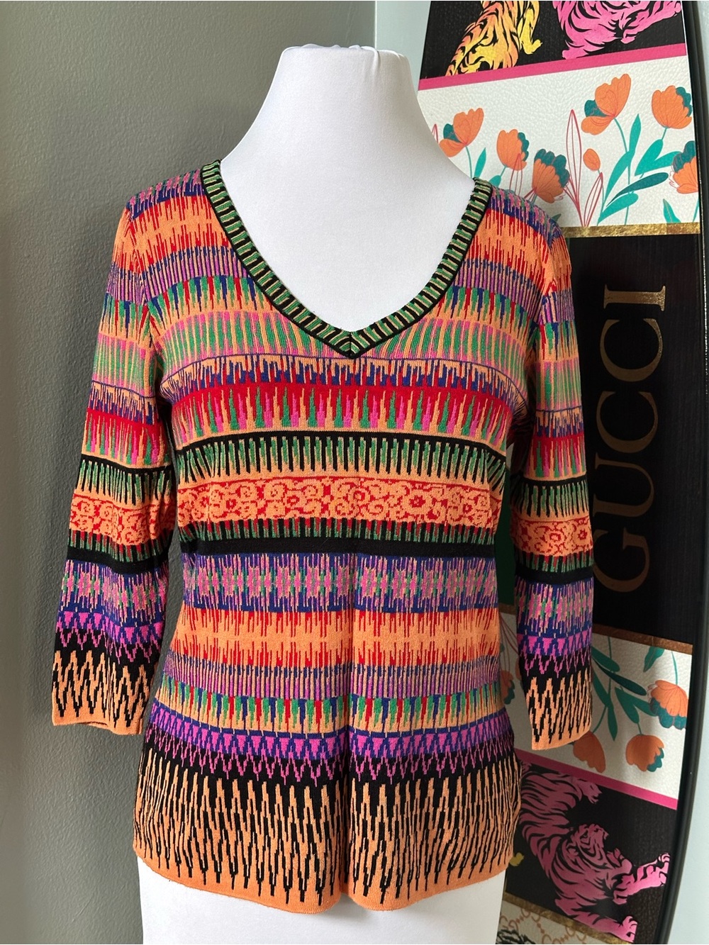 Alison Sheri Canada Colorful Global Coffeehouse Patterned Knit Top 90s Y2K